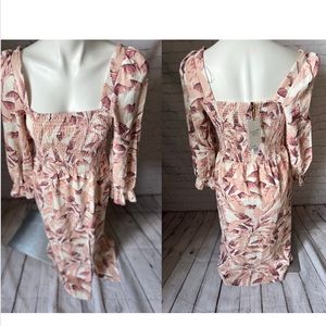 House of Harlow 1960 Floral Palm Print Linen Puff Sleeve Midi Dress